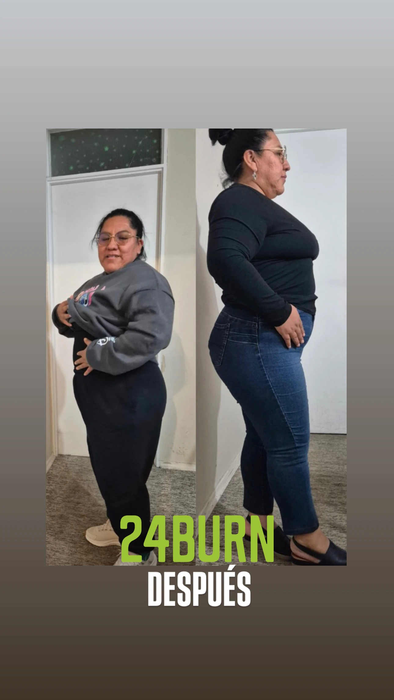 Después: mujer con ropa superior negra y jeans, en fotografías de frente y de perfil
